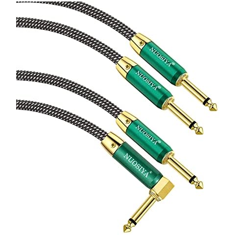 NUOSIYA Guitar Cable 10FT, Gold-Plated Plug Audio Cord TS to TS, 1/4 inch Straight to Straight (1 Pack) & Right Angle (1 Pack), Tweed Cloth Jacket, Universal Electric Guitar/bass (Grey 2 Packs) Cover