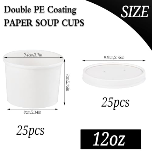 Image of 12 oz 25 Pack Paper Soup Cups with Lids, Disposable Paper Soup Bowls | Ice Cream Containers, White Disposable Food Containers White for Hot or Cold Soup