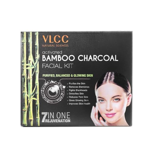 VLCC Activated Bamboo Charcoal Facial Kit – 60g For Purified, Balanced & Glowing Skin | Helps Purify Skin, Control Blemishes and Acne | With Activated Charcoal, Vitamin B3, Neem Bark & Clove Extracts
