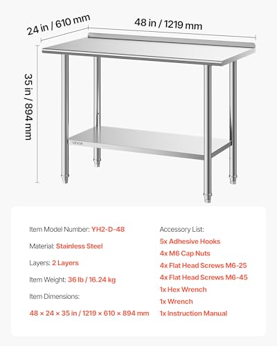 Image of VEVOR Stainless Steel Work Table, 24x48 inch Food Prep Table with Wheels, Commercial Kitchen Workstation with Adjustable Undershelf, Metal Heavy Duty Utility Worktable, for Restaurant Home Outdoor
