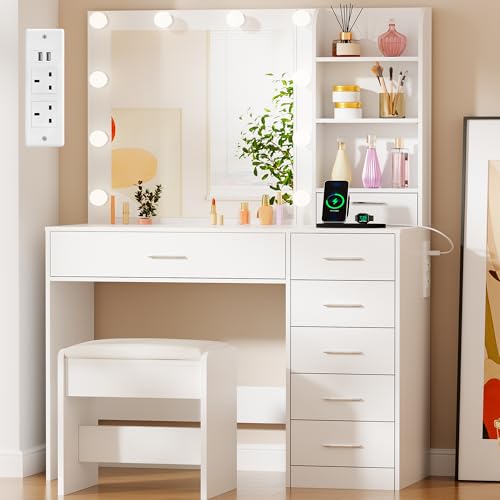 BEWISHOME Dressing Table with Mirror and Lights Adjustable Brightness Vanity Desk with Power Outlet 7 Drawers and 3 Open Shelf Modern Makeup Table with Stool for Bedroom Dressing Room White YFST51W