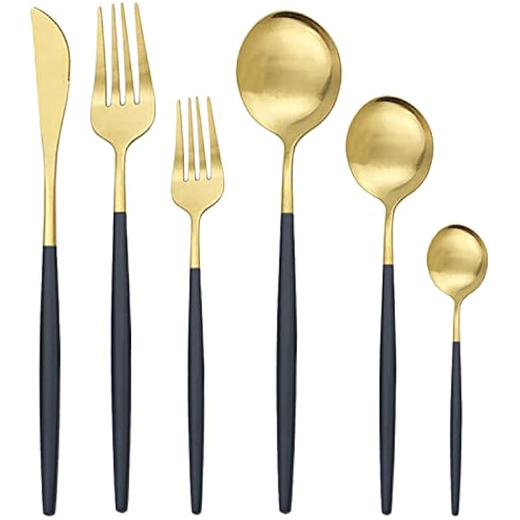 Cutlery Set Matte Flatware Cutlery Set Stainless Steel Dinnerware Set Silverware Set Kitchen Tableware 36Pcs Black Gold