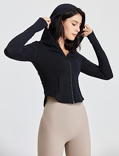 Women’s Zip Up Hooded Workout Jacket Long Sleeve Sun Shirt Crop Yoga Tops