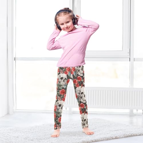 Vintage Skull Rose Girls Leggings Ultra Soft Compression Yoga Gym Pants for Kids 4-10T4