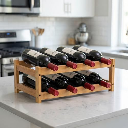 ASOUUNLD Botellero Vino, Botellero Vertical de Bambú Botellero Pequeño de Madera Natural Almacenamiento de Botellas de Vino, 2 Niveles, Expositor Vino para Cocina Bar Bodega Vinoteca (8 Botellas)