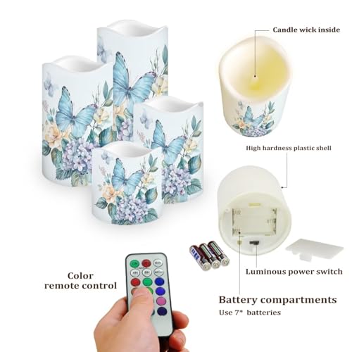 Image of Blue Butterfly Pillar Candles Bulk Led Flameless Battery Operated Candles with Timer Remote Color Changing Electric Fake Candles for House Warming Home Decorations Set of 4