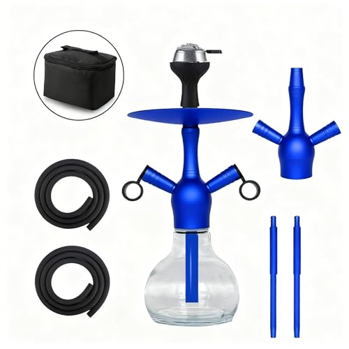 RMAN Mini Cachimba Completo 37CM Glass Hookah con Funda de Tela y 2 Manguera de Silicona, Diseño Portátil Shisha Set Premium para Uso Doméstico, Fiestas, Viaje, Azul