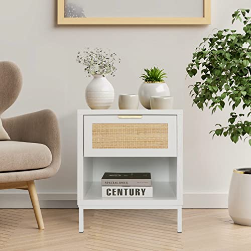 Anmytek White Nightstand with Rattan Decor Drawer, Mid Century Modern End Table with Open Storage, Farmhouse Night Stand, Small Side Table for Bedroom - Image 7