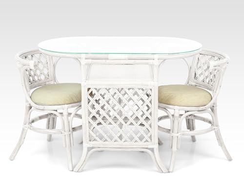 Borneo Compact Dining Set White Color, Table with Glass Top + 2 Chairs with Cream Cushions, Handmade Natural Wicker Rattan Furniture
