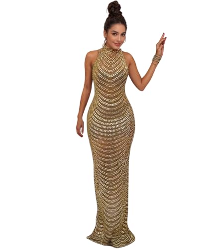 Image of PORRCEY Women's Sexy Rhinestone Mesh See Through Party Night Prom Dress
