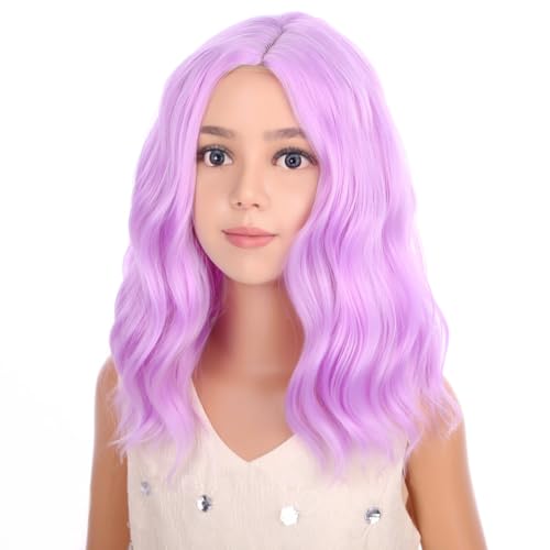 Image of PATTNIUM Kids Short Purple Pink Wig Girls Lavender Purple Curly Wavy Wig Short Synthetic Hair Wigs