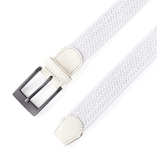 Univo Colors White Braided Stretch Elastic Belt Pin Square Matte Dark Gray Belt Buckle Pu Leather Loop End Tip For Men Women Junior 48"-50" #TOP4