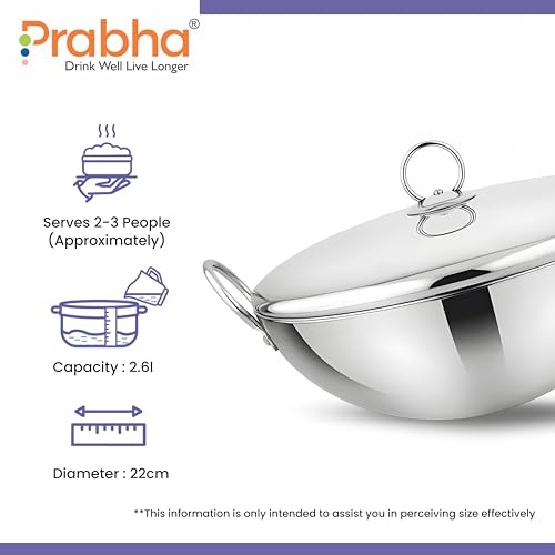 Image of Prabha Capsule Round Bottom Kadhai 2.4 L -28 CM | Tri-Ply Layer Steel kadhai with Lid | Compatible with Gas Stove | Cookware kadai for Cooking | Kadhai for Deep Frying | kadai Induction Base /Stove