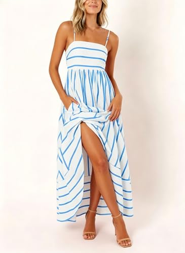 Image of chouyatou Women's Striped Back Smocked Maxi Dress Sexy Spaghetti Strap Cut Out Flowy Swing Long Dress