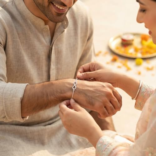 Image of Parnika 925 Pure 92.5 Sterling Silver Infinity Rakhi Bracelet for Brother | Hallmarked Silver Raksha Bandhan Rakhi | Premium Adjustable Rakhi Gift