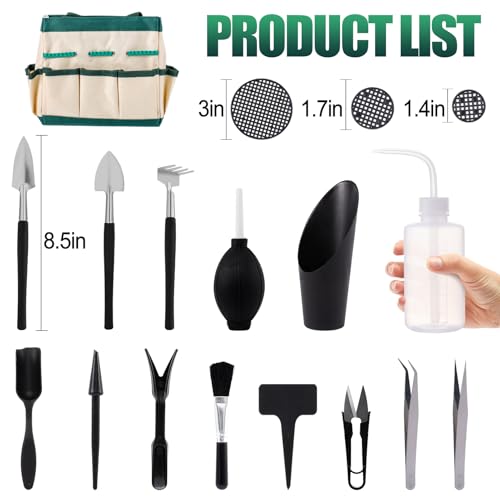 44pcs Small Gardening Tools Gifts for Women Beginners - Garden Hand Tools Set for Indoor Succulent Bonsai Plants Transplanting, Included Bag/Repotting Mat/Shovel/Labels, Green