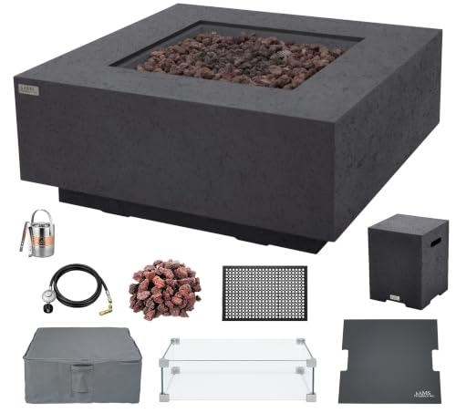 Image of AMS Creations | Brooklyn 40 inch Bundle Square Propane Gas Outdoor Fire Pit Table | Dark Gray Concrete GFRC | Limestone Texture Surface Fire Pit Table