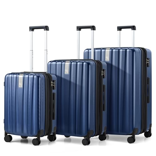 Image of Hanke Expandable Hardshell Luggage Sets 3 piece Carry On Luggage with Wheels Suitcases Lightweight Checked Travel Luggage Rolling Large Suitcase Travel Luggage Bag Woman Men 20 /24 /29 Inch(Dark Blue)