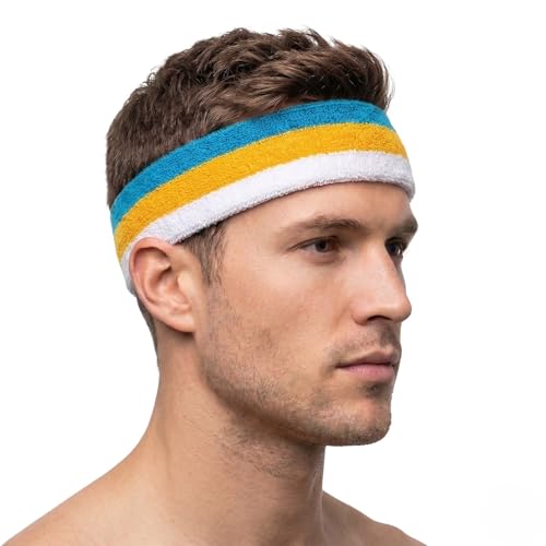 COUVER 3 Color Striped Sports Headband, Sky Blue Gold White, 1 PC