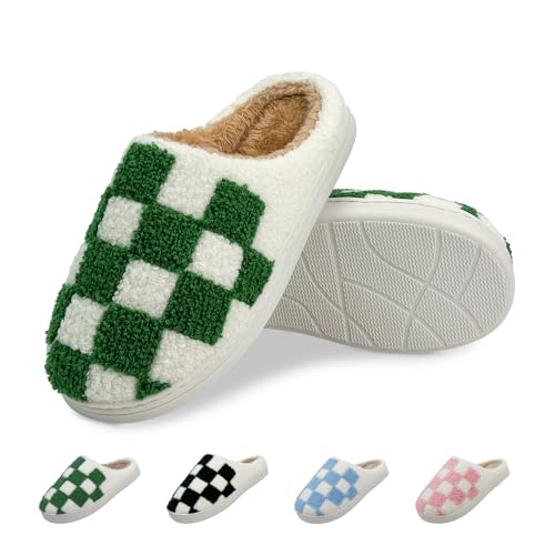 Women's Checkered Memory Foam Slippers - Soft Fuzzy Indoor & Outdoor Cute Casual Slippers
