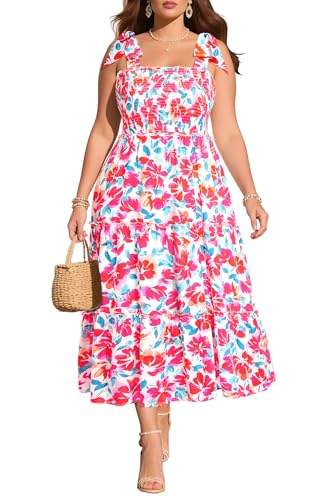Image of Plus Size Summer Dress - Sun Boho Beach Casual Floral Tiered Smocked Long Maxi Dresses