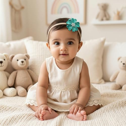 Image of Baby Girl Flower Headband with Pearl Center - Soft Stretch Nylon Hair Band for Infants, Toddlers & Kids (30+ Colors Available) (Aqua)