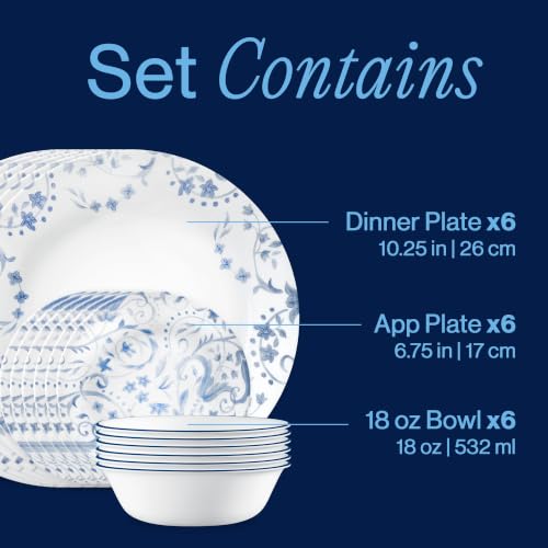 Image of Corelle Vitrelle 18-Piece Service for 6 Dinnerware Set, Triple Layer Glass and Chip Resistant, Lightweight Round Plates and Bowls Set, Darlington