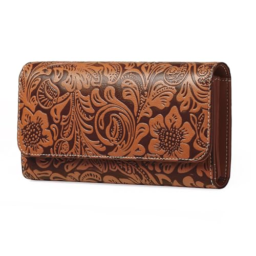 GOIACII Women's Wallet RFID Blocking Long Clutch Ladies Purse Vegan Leather Embossed Flower Brown
