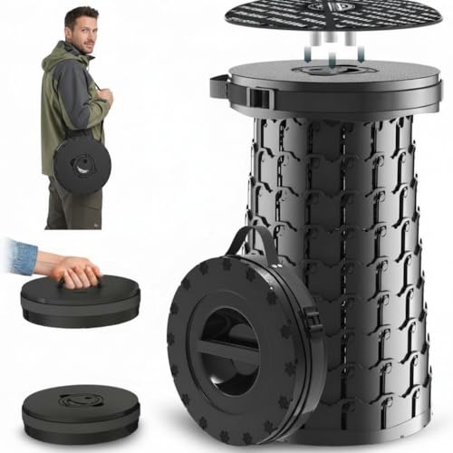 Image of XXL Black Collapsible Stool with Cushion, 19.7 inch Tall, 1000lbs Max Weight, Wider & Taller Pop Up Seat, Heavy Duty Portable Retractable Folding Chair, Gift for Camping & Outdoors