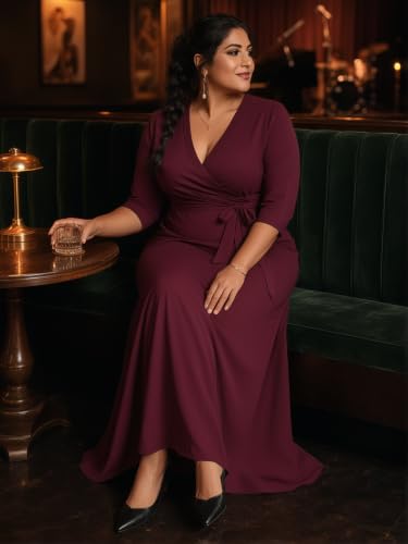 Image of SUZONANA Plus Size Maxi Dresses for Curcy Women Casual Loose 3 /4 Sleeve Long Dress with Belt