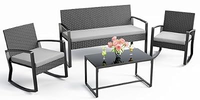 Ahomly 4 Piece Outdoor Patio Furniture Set, Wicker Patio Furniture with Glass Coffee Table, Rocking Wicker Bistro Set, for Backyard, Poolside, Porch (Grey)