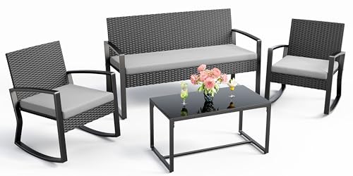 Wicker Conversation Pieces Reviews
Here’s what this section covers:
Ahomly 4-Piece Outdoor Patio Furniture Set with Rocking Feature