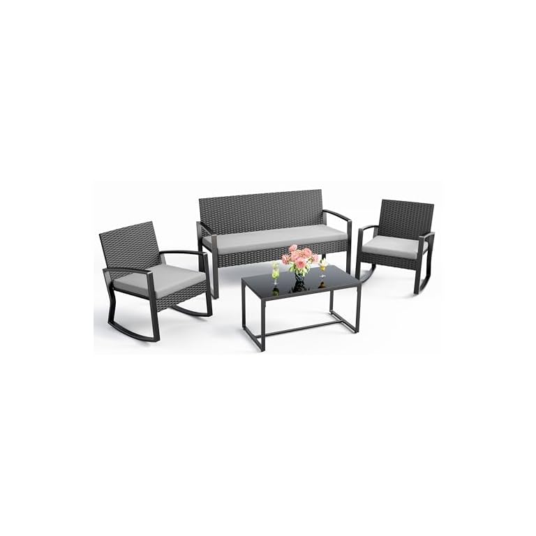 Ahomly 4 Piece Outdoor Patio Furniture Set, Wicker Patio Furniture with Glass Coffee Table, Rocking Wicker Bistro Set, for Backyard, Poolside, Porch (Grey)