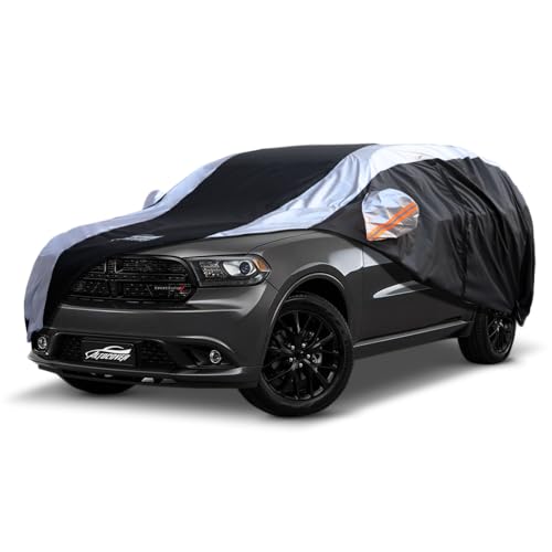 Image of Dodge Durango Car Cover Waterproof All Weather with Silver Strip Design, Custom Fit for Dodge Durango 2005-2025, Durango Accessory with Door Zipper & Windproof Straps