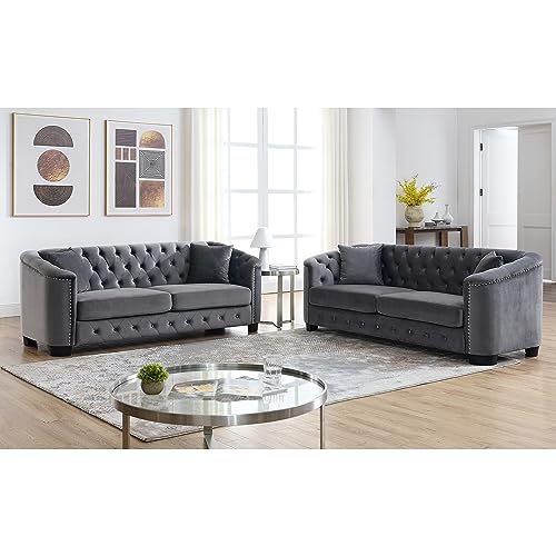 eluvatery 2 Piece Modern Chesterfield Velvet 77" 3-Seater Sofa Set,Upholstered Tufted Backrests with Nailhead Arms and 4 Cushions for Living Room, Bedroom, Apartment,Grey