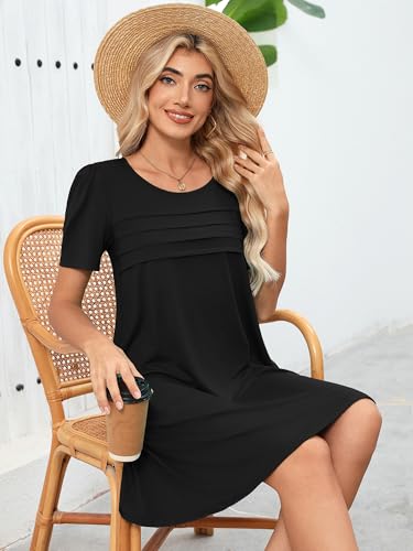 Image of Heymoments Women's Short Sleeve Crewneck Sundress Summer Casual A-Line Beach Dress with Pockets S-2XL