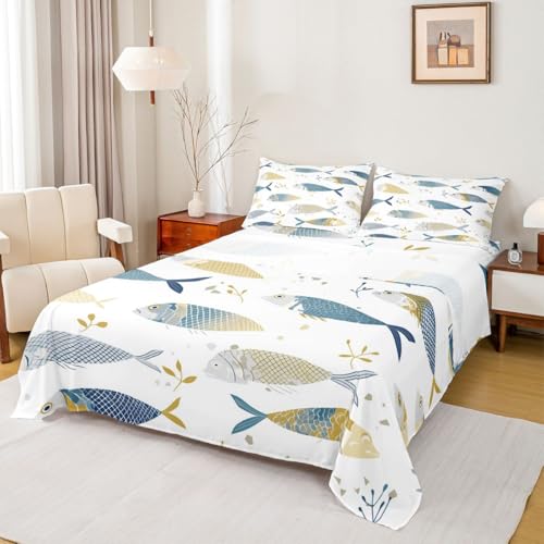 Image of jejeloiu Cartoon Fish Bed Sheets Set Full Size Marine Theme Bed Set Ocean Sea Animal Deep Pocket Fitted Sheet Breathable Soft Lightweight Microfiber