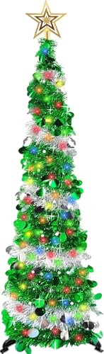 WINOK Künstlicher Weihnachtsbaum mit Beleuchtung, 150 cm Zusammenlegbarer Aufzieh-Weihnachtsschleierbaum mit 100 farbigen LED-Lichtern und Baumstern für Weihnachtsdeko und Partybedarf - Grün & Silber