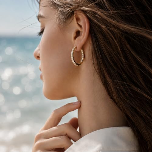 WORFRIL 14K Gold Hoop Earrings for Women Cubic Zirconia Pave Round Hoops Sparkling Lightweight Huggie Style Elegant Jewelry 30mm by WORFRIL - Used condition - Image 5