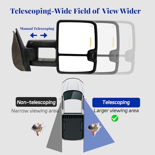 Towing Mirrors A Pair for 2014-2018 Chevy Silverado/GMC Sierra 1500 2500 3500HD, Power Heated, Smoke Signal & Glass Arrow & Clearance Light, Telescopic & Folding