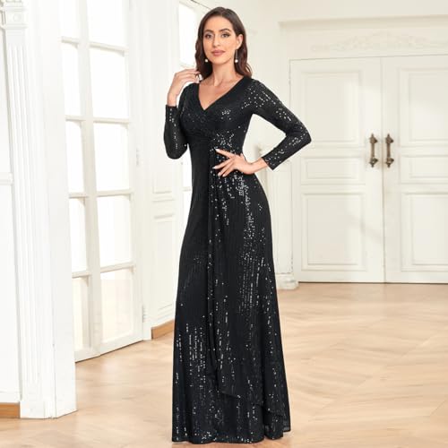 Glitter Sequin Formal Evening Gown Long Sleeve V Neck Wedding Guest Dress for Women3