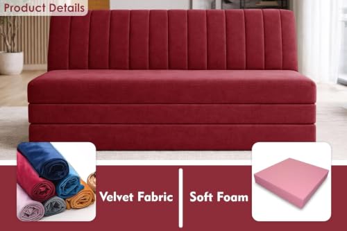 Image of Deco Studio Three Seater Convertible Floor Sofa Bed Modern Velvet Fabric Folding Couch for Living Room, Guest Room & Small Spaces - Red Color