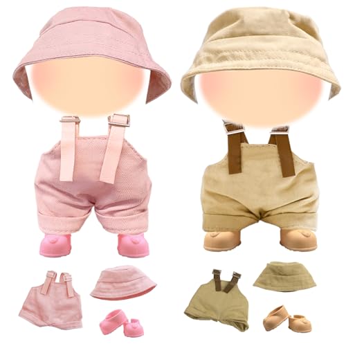 Roupas para bonecas 2 conjuntos de roupa para bonecas de 17 cm, 2 macacões com alças ajustáveis, 2 bonés, 2 pares de sapatos para bonecas de peluche de 17 cm, não incluídas, cor rosa e castanho