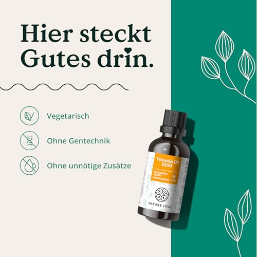 NATURE LOVE® Vitamin D3 1000 (50ml flüssig) – Laborgeprüfte 1000 I.E. pro Tropfen – in MCT-Öl aus Kokos – Vitamin D hochdosiert – hoch bioverfügbar, sehr hohe Stabilität und ohne unnötige Zusätze