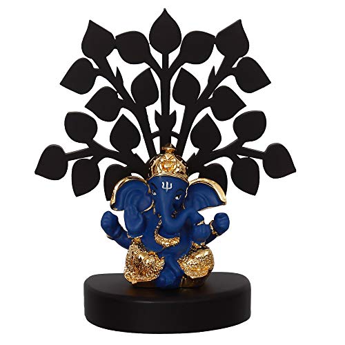 Image of eCraftIndia Gold Plated Blue Dhoti Ganesha Decorative Showpiece with Wooden Tree for Home /Temple /Office /Car Dashboard