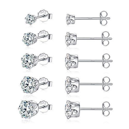 Sterling Silver Stud Earrings for Women, 925 Sterling Sliver Stud Earrings Set for Girls, 5 Pairs Hypoallergenic Cubic Zirconia Stud Earrings for Men, Sizes 3/4/5/6/7mm