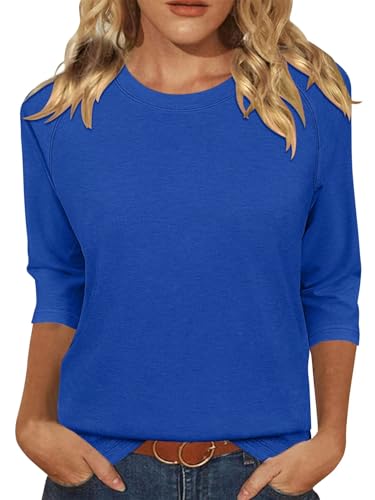KISSMODA Tunic Tops for Women Loose Fit Dressy Round Neck Pleated 3/4 Length Sleeve Spring Tops