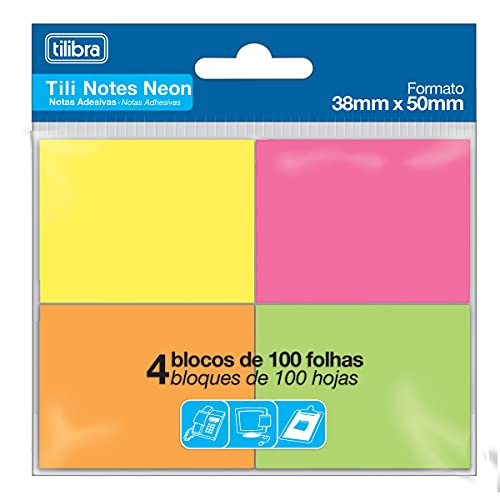 Tilibra - Bloco Adesivo Tili Notes 38x50mm 400 folhas 4 Cores Neon - 1 un