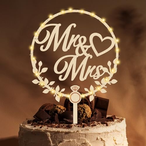 Giftota Cake Topper Hochzeit Holz Mit LED Lichterkette - Tortendeko 'Mr und Mrs' - Hochzeitstorte Deko