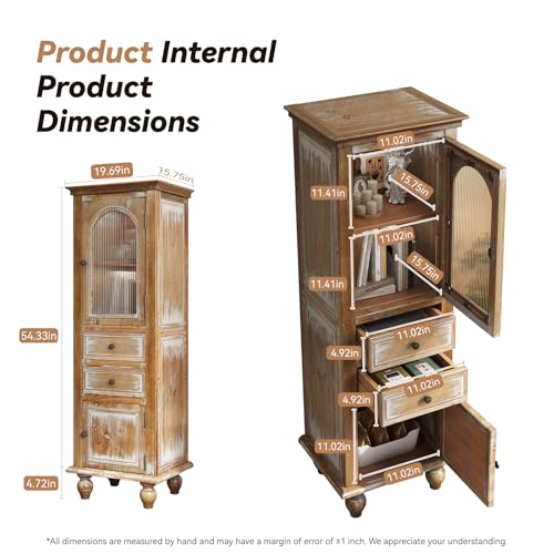 Image of LKTART 60 inch Tall Kitchen Pantry Storage Cabinet;WoodenGlass Display Cabinet | Solid Wood Frame;Farmhouse /French Country Narrow Corner Glass Display Cabinet;Narrow Storage Cabinet;Tall Accent Cabinet